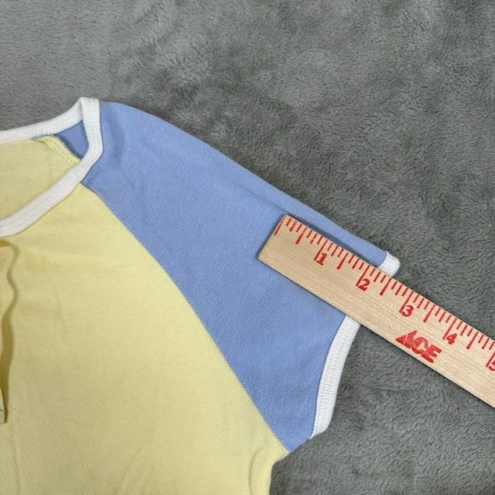 Old Navy Girls Yellow Blue Raglan Lace Up Ringer Tee Shirt Size 10 Cotton